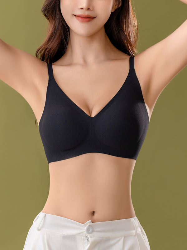 Front view of beige cloud-like wireless seamless contour bra with ultra-light invisible support