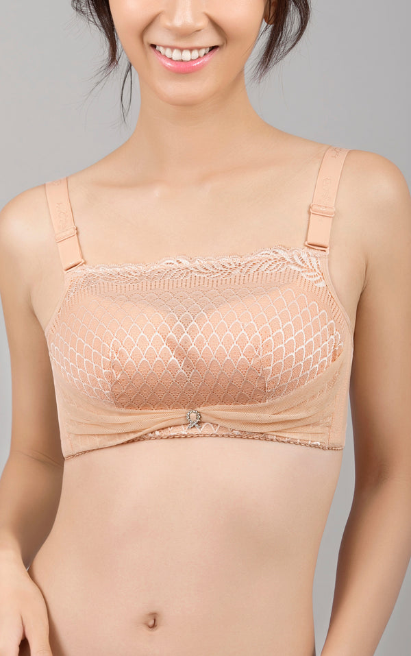 Front view of beige wireless strapless push-up contour bra with removable convertible straps