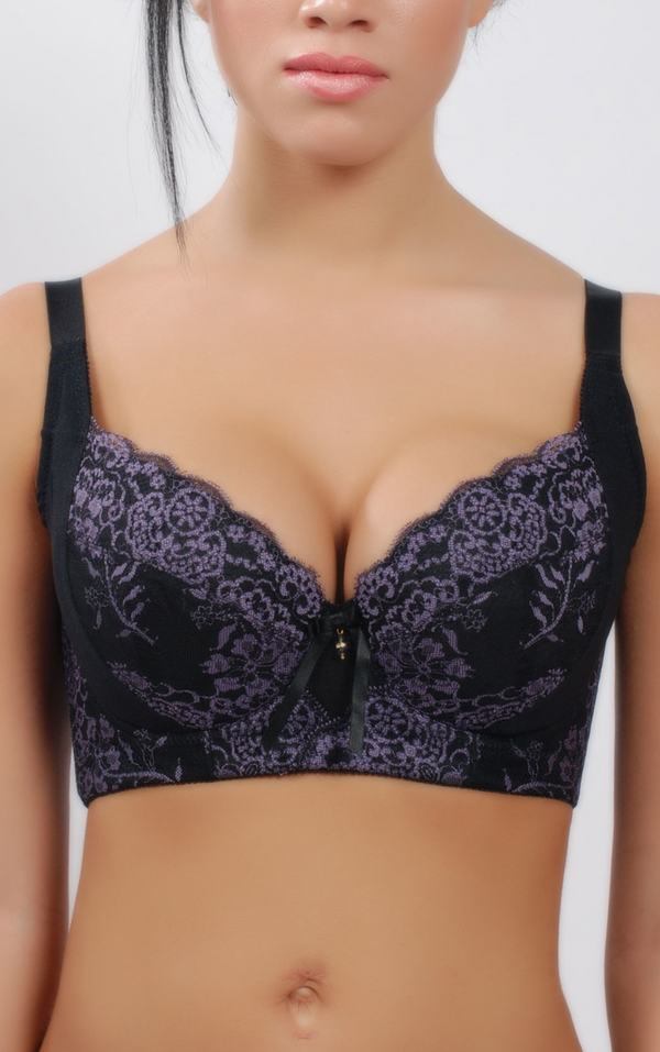 Front view of beige floral lace padded wireless contour bra with seamless cotton cups