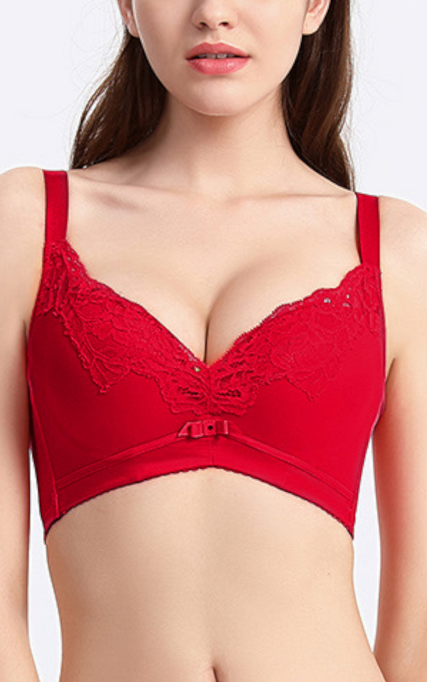 Front view of blue lace wireless push-up contour bra with V-front cleavage design