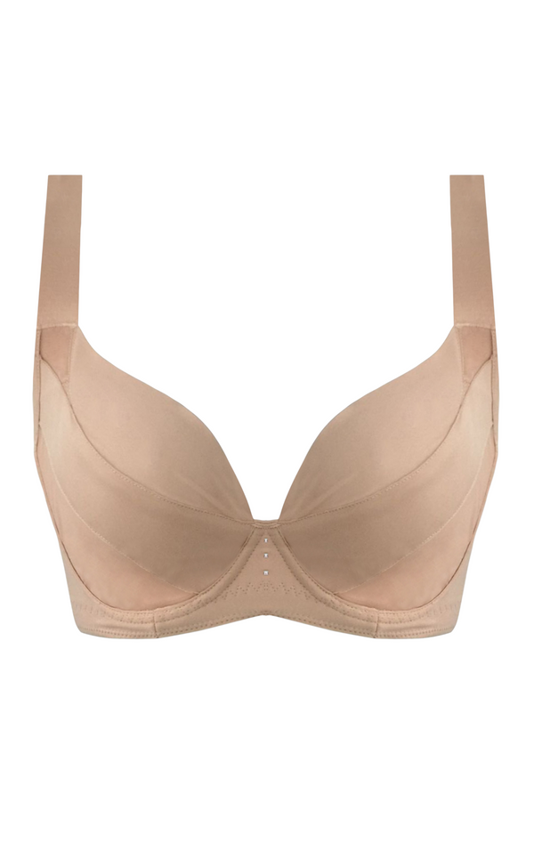 Front view of beige underwire thin cup push-up contour bra with widened shoulder straps