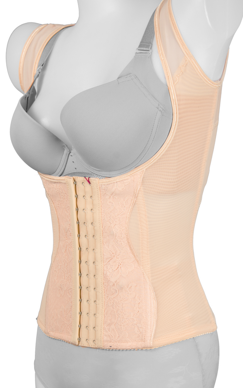 Front view of black open-bust camisole corset shapewear with lace waist cincher design