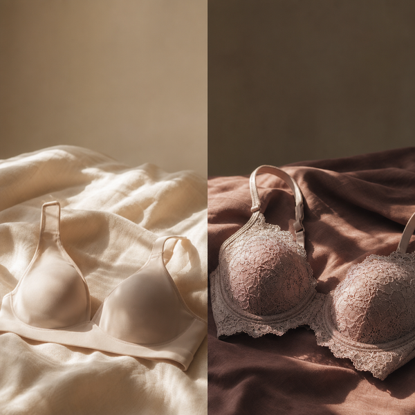 Wireless and underwire bras side by side editorial flat-lay