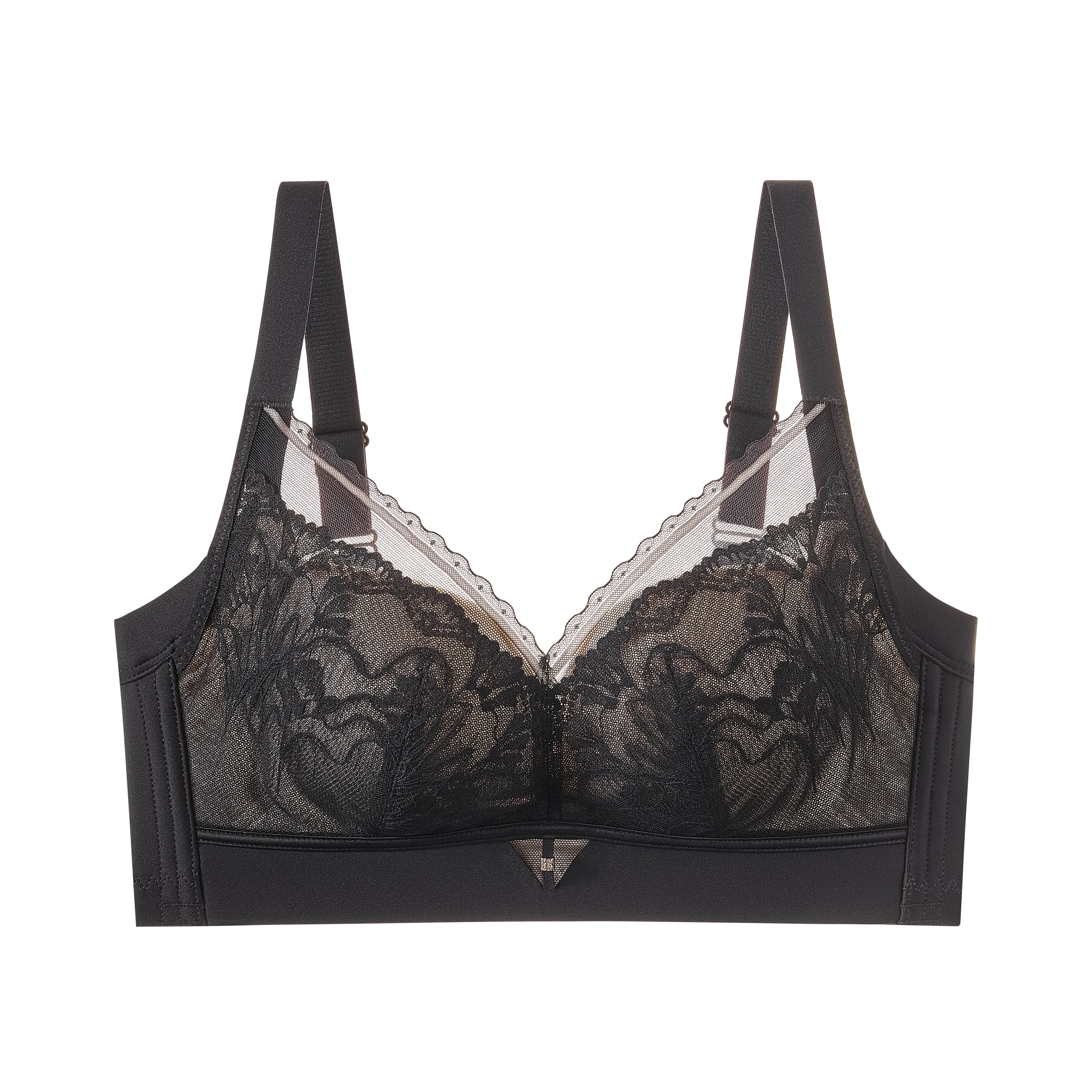 Angled view of green silk-lined wireless contour bra showcasing seamless molded cups