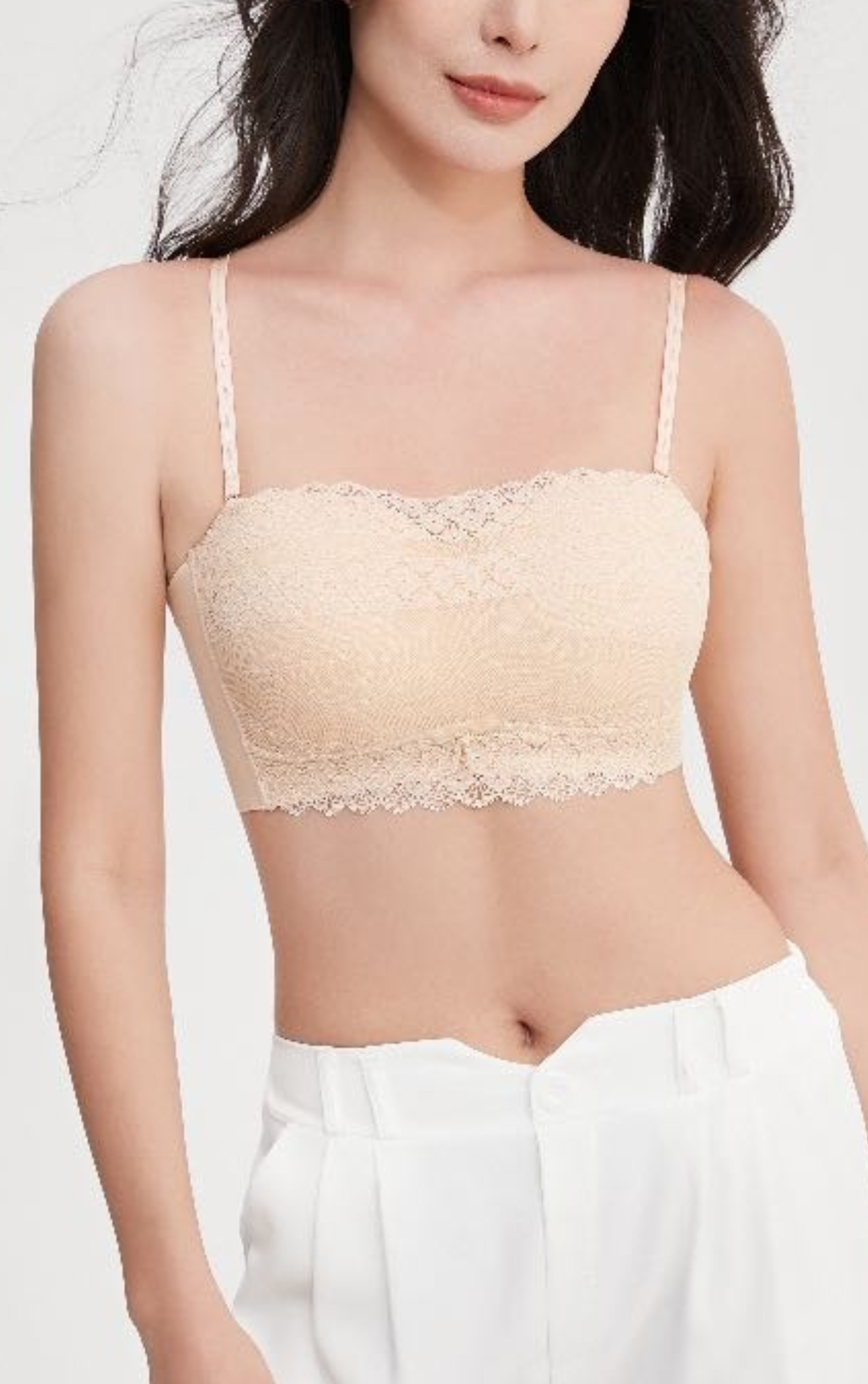 Detail view of lace construction and thin breathable cups on wireless bralette contour bra