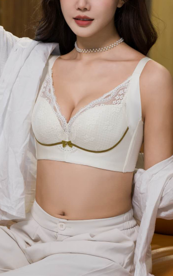 Front view of SilkCloud wireless lace contour bra with 3D contoured cups and V-neck design