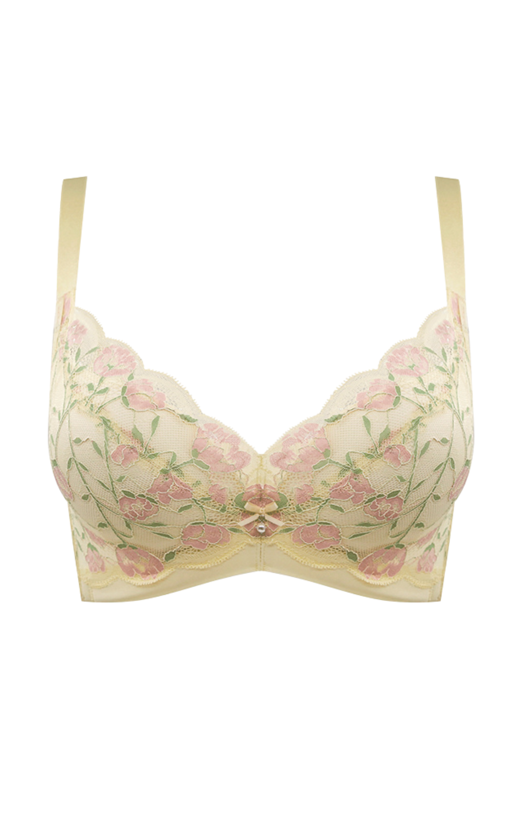 Angled view of floral lace contour bra highlighting delicate embroidery and cup construction