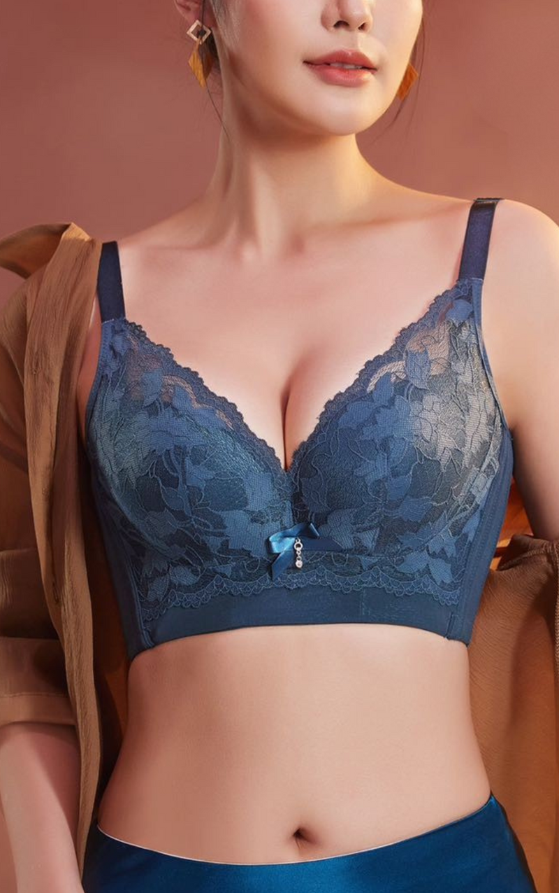 Front view of memory-fit lace underwire contour bra with breathable lace fabric