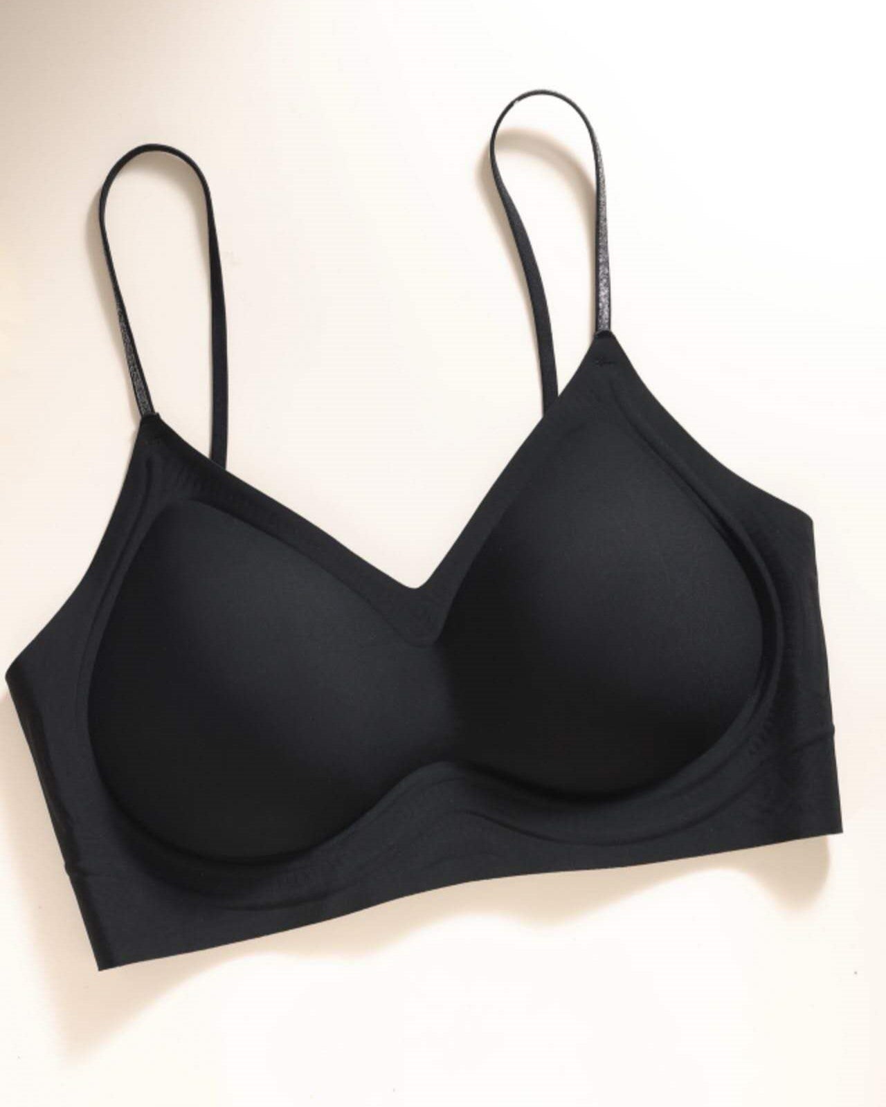 Back view of black wireless seamless contour bra highlighting backless versatile design