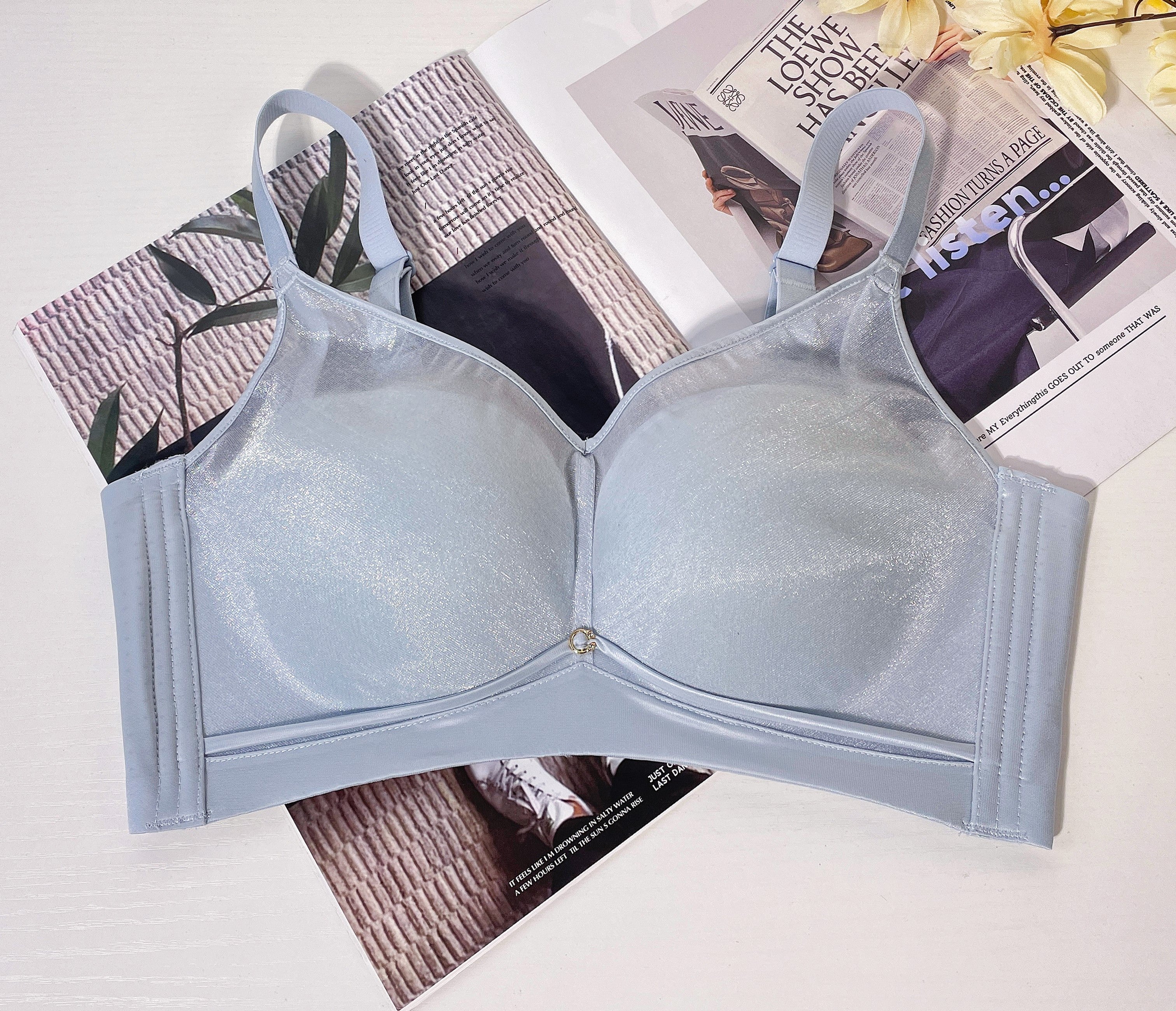 Front view of grey seamless mesh wireless contour bra with double-layer breathable design