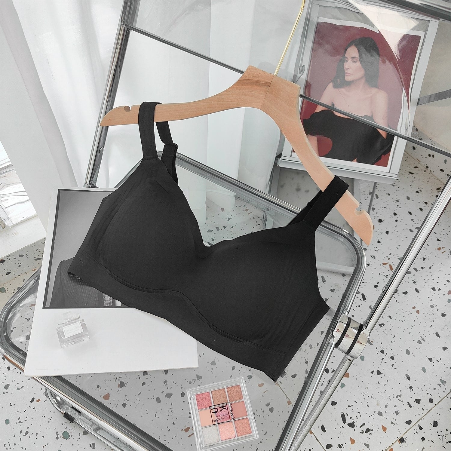 Front view of pink seamless wireless contour bra with invisible under-clothing design