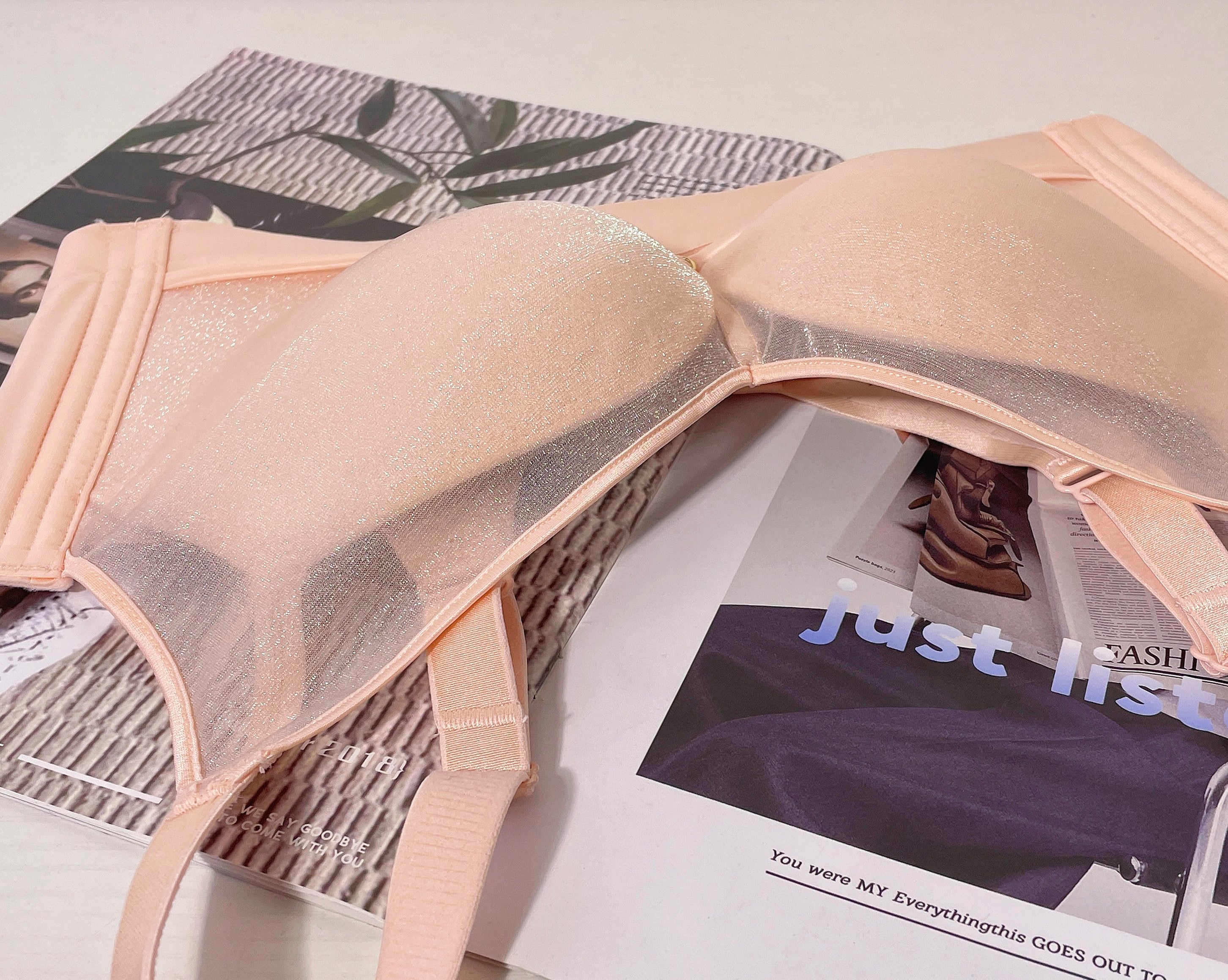 Detail view of seamless mesh wireless contour bra showing high-end 3D cup finish