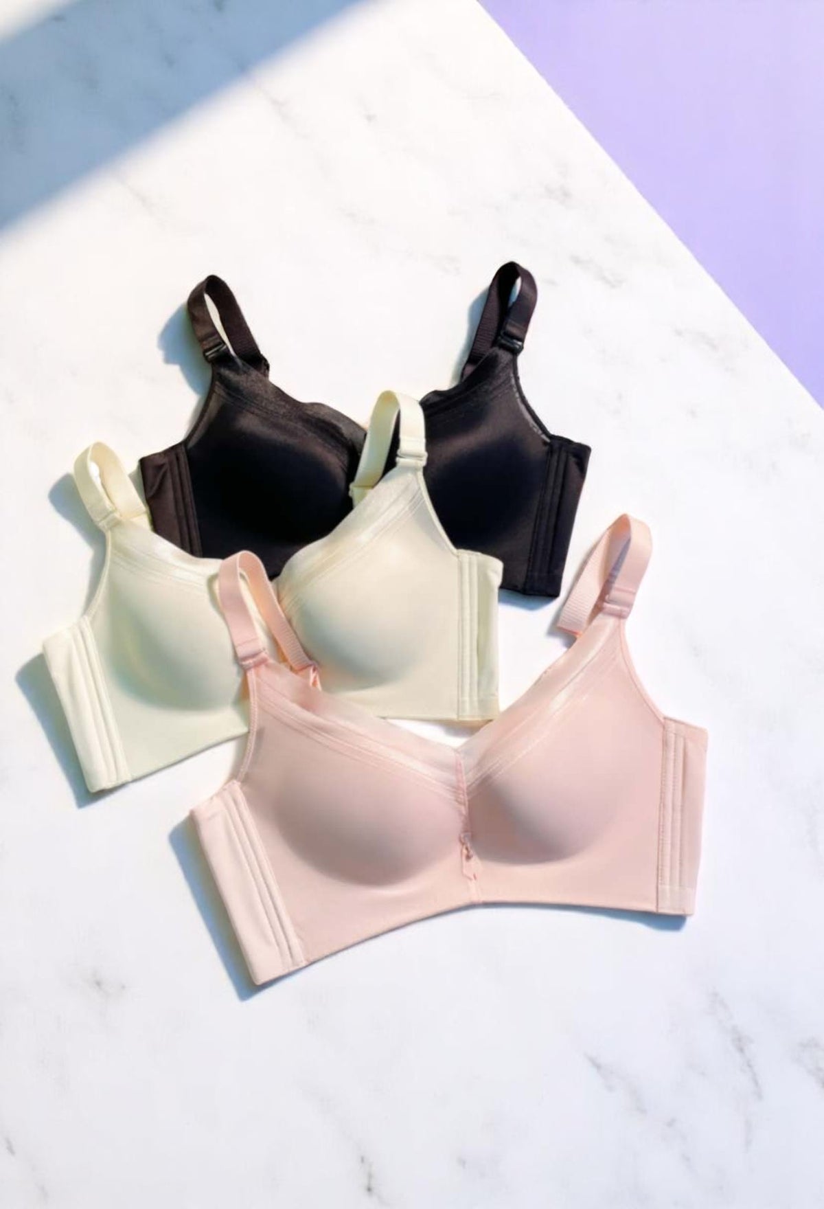 Side view of beige strapless contour bra tank showing smooth full-coverage fit