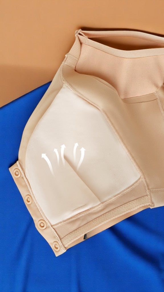 Detail view of wireless contour bra tank showing W-shaped lift support structure