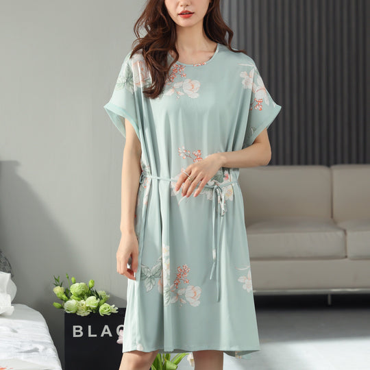 Short Sleeves Round Neck Loose Fit Floral Silk Pajama Dress #79207