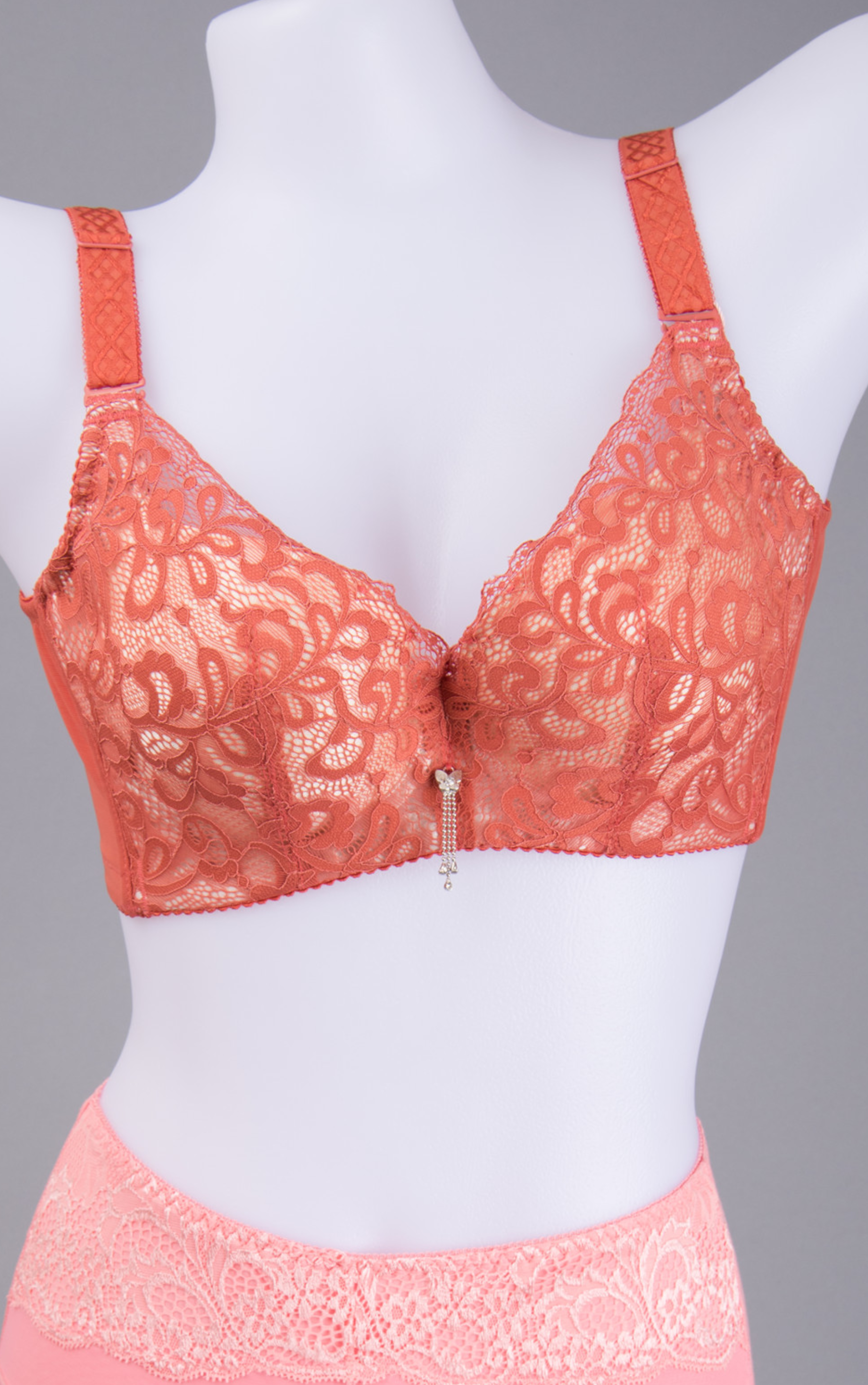 Front view of red crochet lace underwire contour bra with dramatic push-up effect