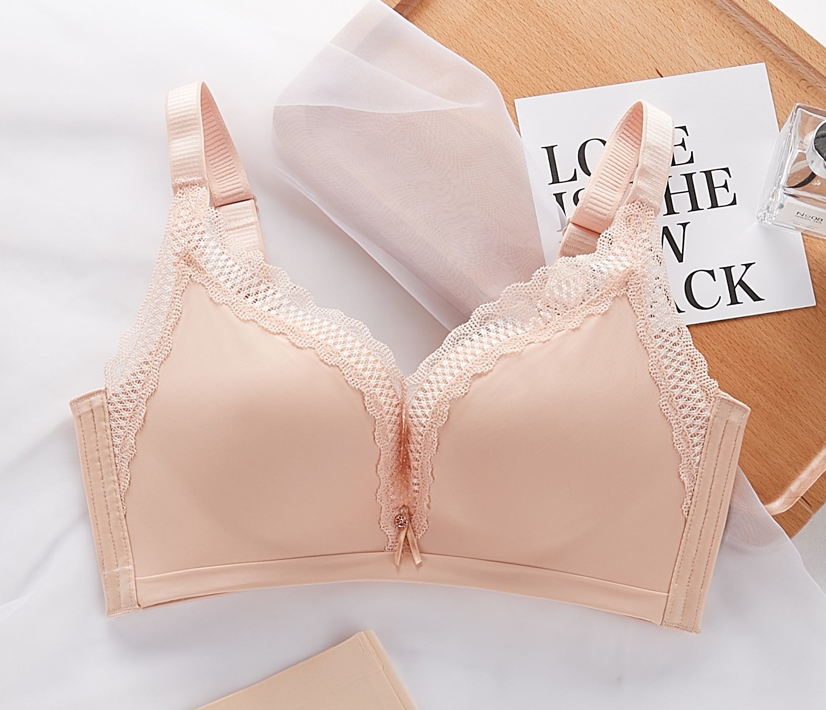 Side view of lace push-up contour bra showing non-slip adjustable straps and gentle lift