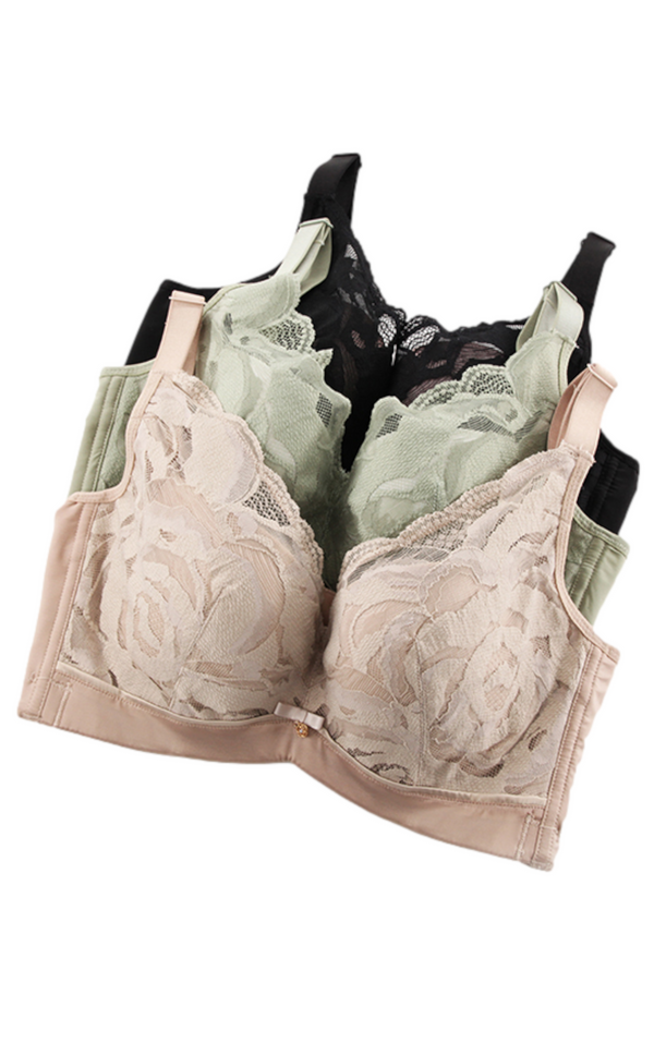 Front view of beige floral lace memory underwire minimizer contour bra with full coverage cups