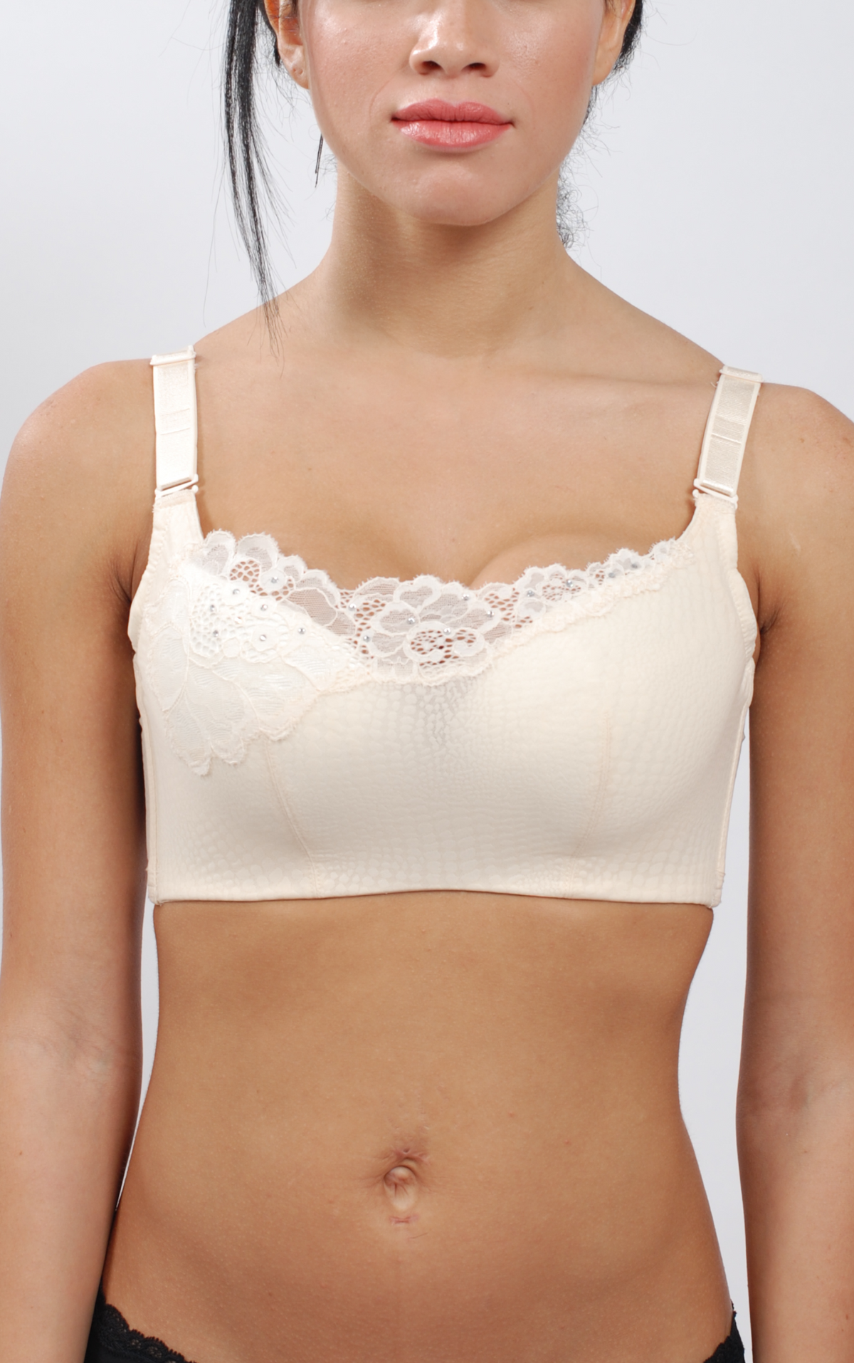 Front view of purple cotton lace tank-style wireless contour bra with lace embroidery for plus-size