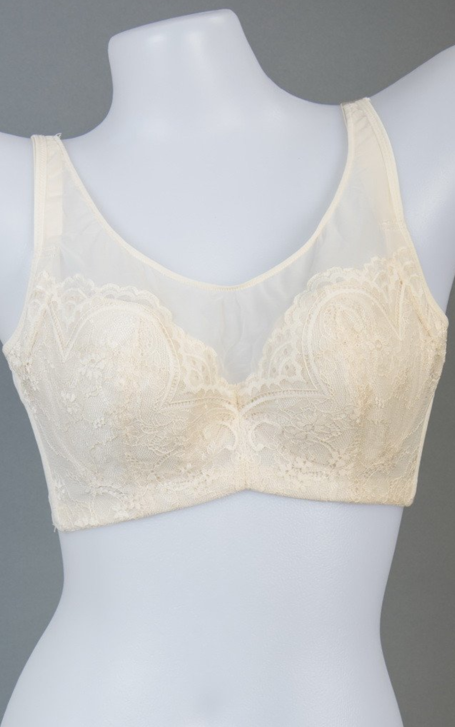 Side view of green lace mesh full coverage underwire contour bra showing padded molded cups