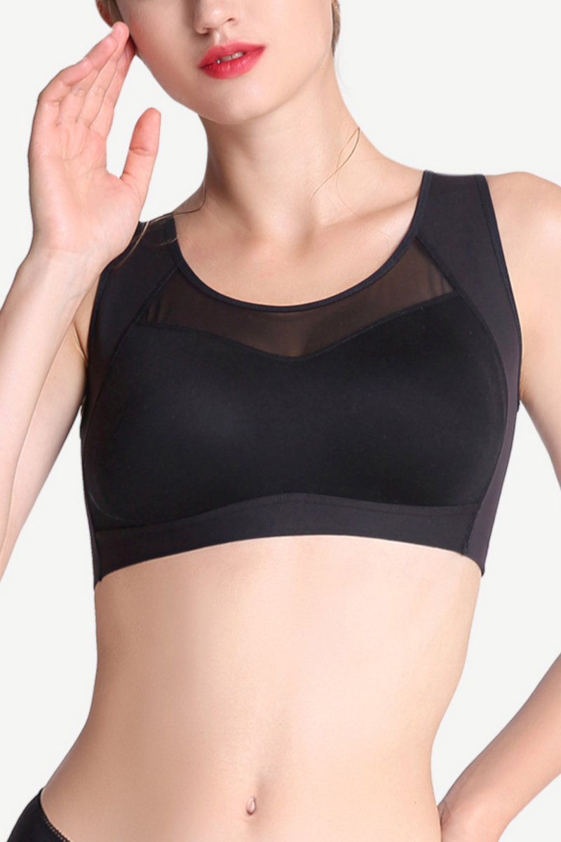 Front view of black wireless mesh sports contour bra with full coverage cups and moisture-wicking fabric
