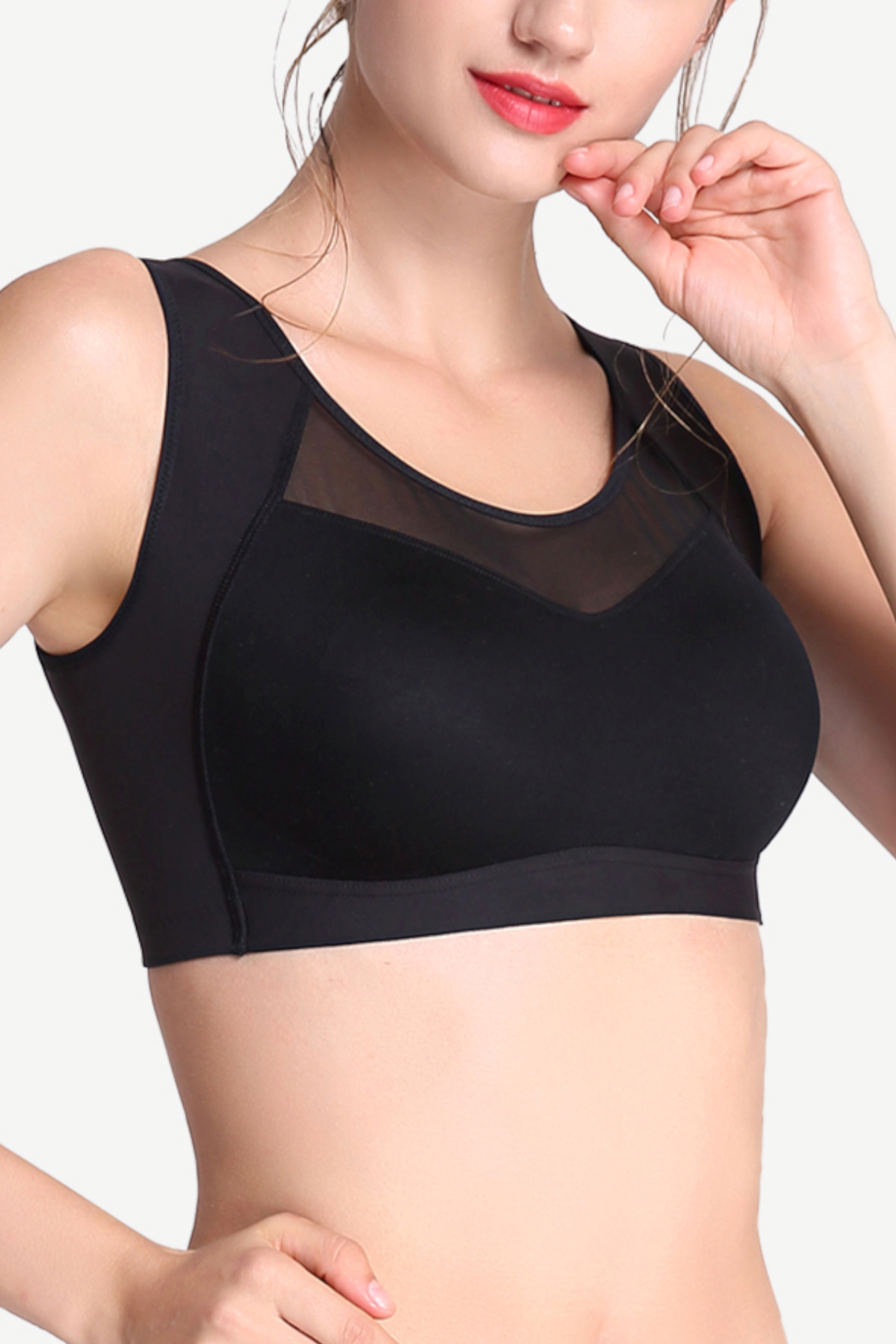 Front view of beige wireless mesh sports contour bra with shock-absorbing support for active wear
