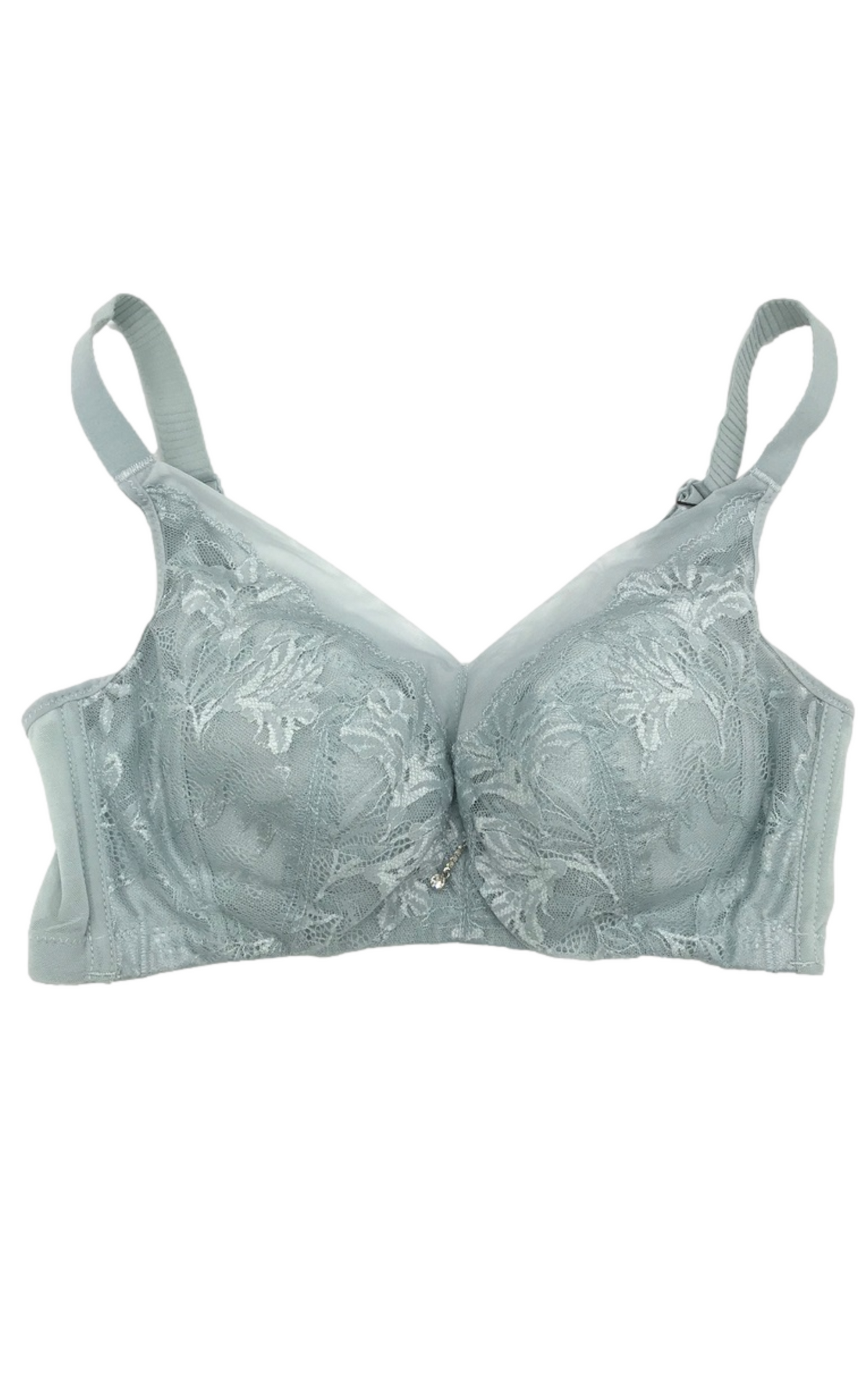 Front view of blue wireless full cup minimizer contour bra with smooth design and wide adjustable straps