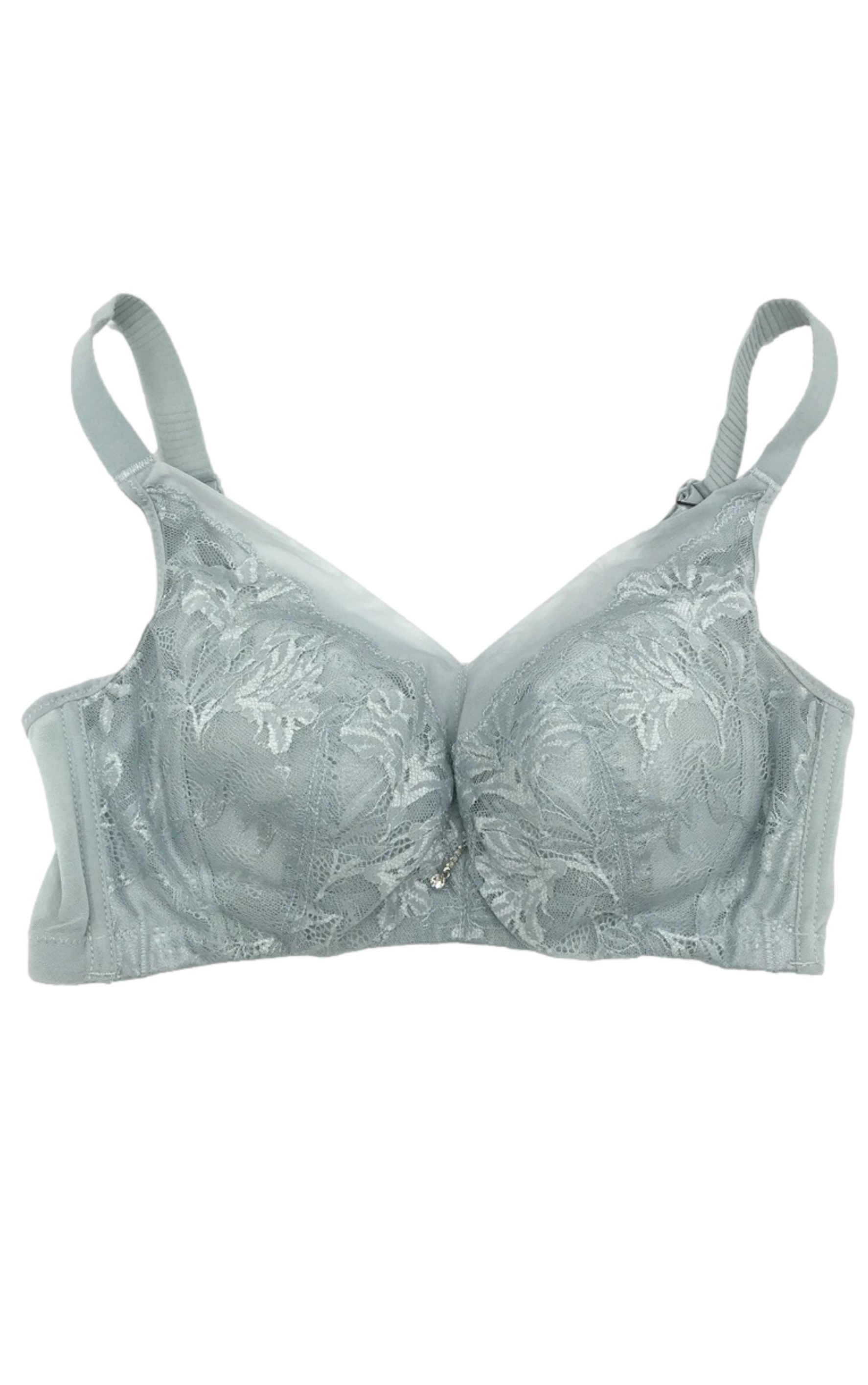 Front view of blue wireless full cup minimizer contour bra with smooth design and wide adjustable straps