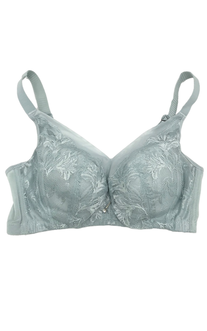 Front view of blue wireless full cup minimizer contour bra with smooth design and wide adjustable straps