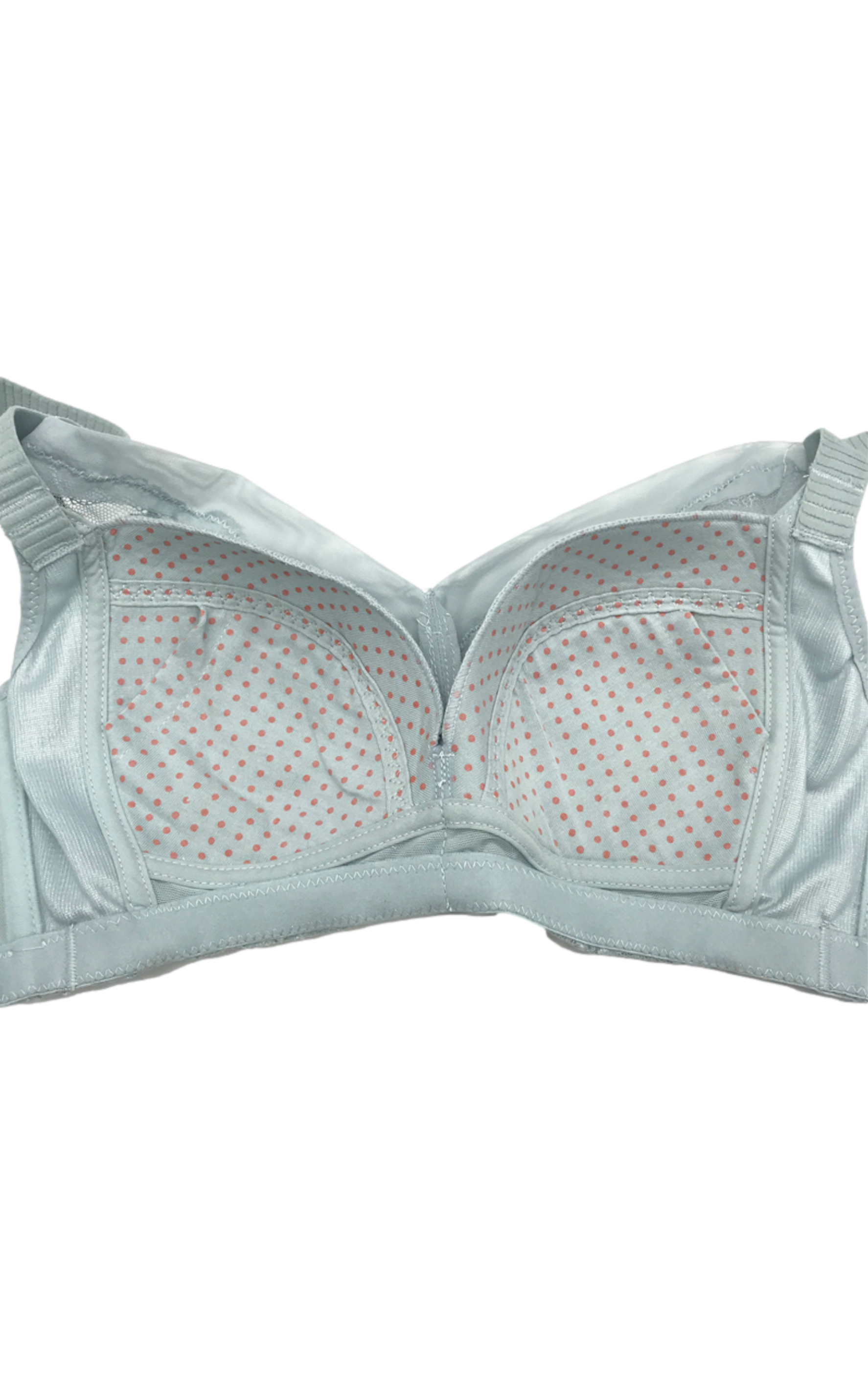 Close-up of blue wireless minimizer contour bra cups showing intricate floral lace pattern