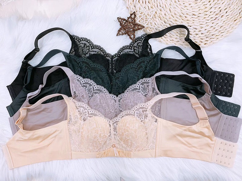 Angled view of green lace underwire contour bra highlighting breathable cotton lining
