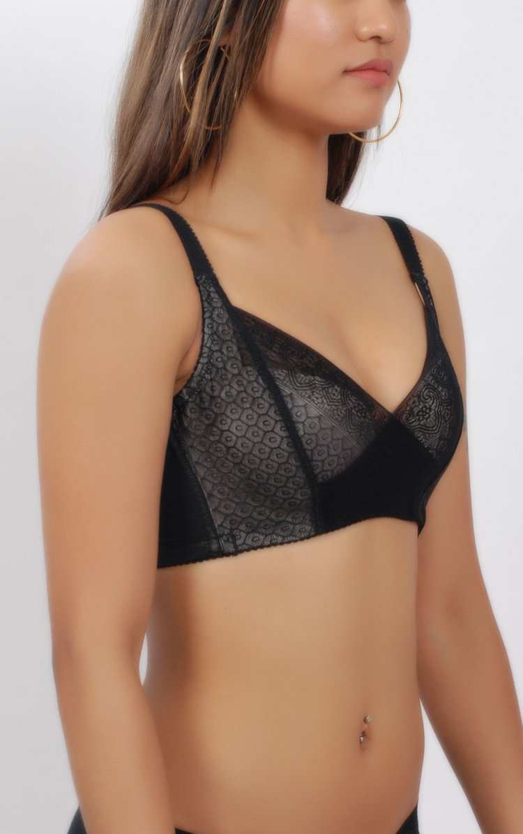 Side profile of a woman wearing a black minimizer bra, highlighting side-smoothing bands.