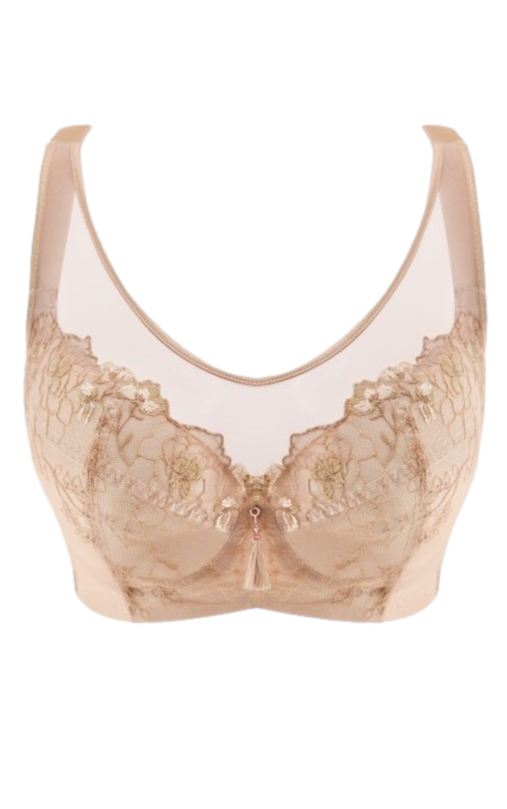 Flat lay of beige floral cotton cup minimizer contour bra with pearlescent mesh accents and full coverage cups