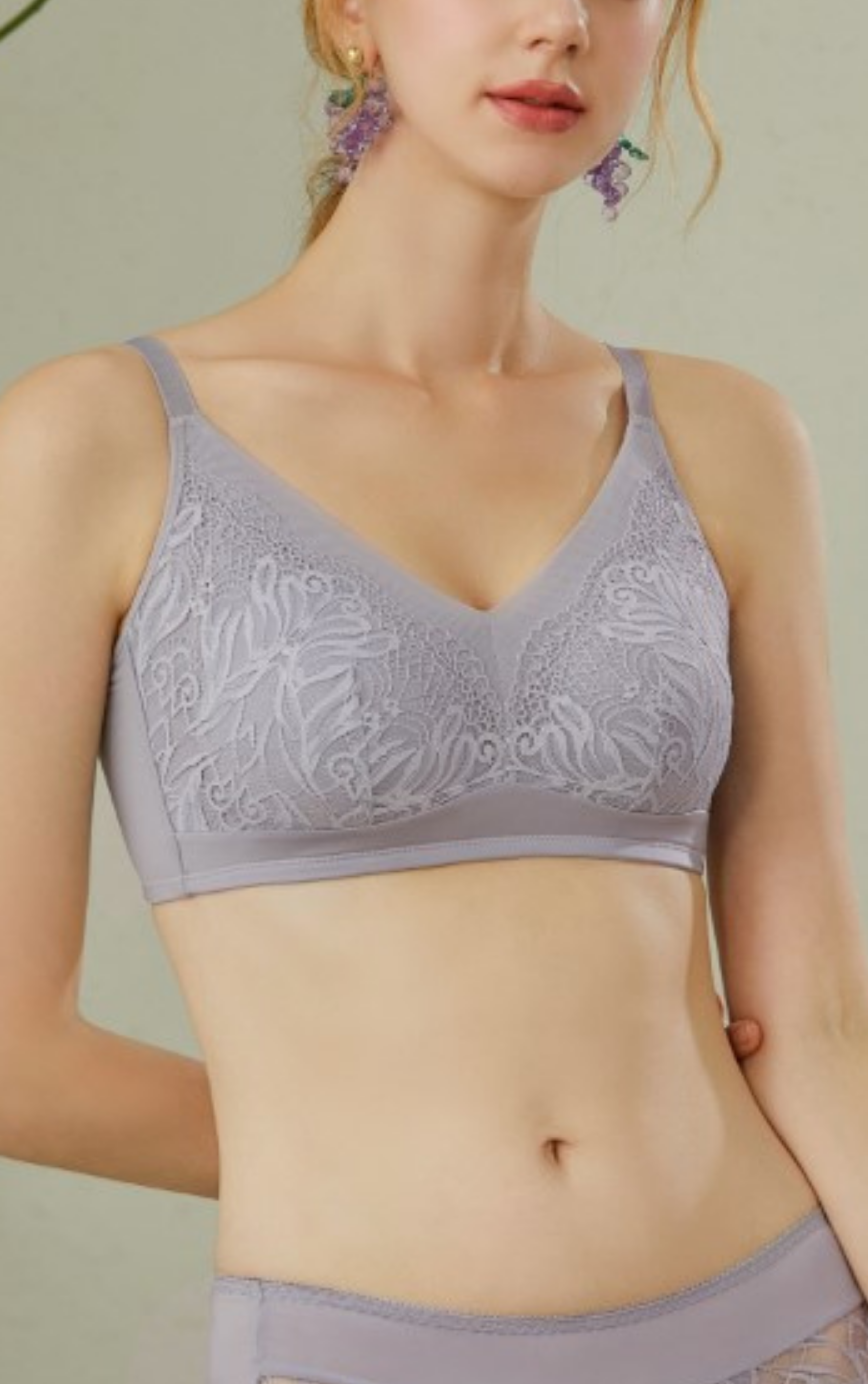 Front view of beige lace side-smoothing wireless minimizer contour bra with extra-high sidebands