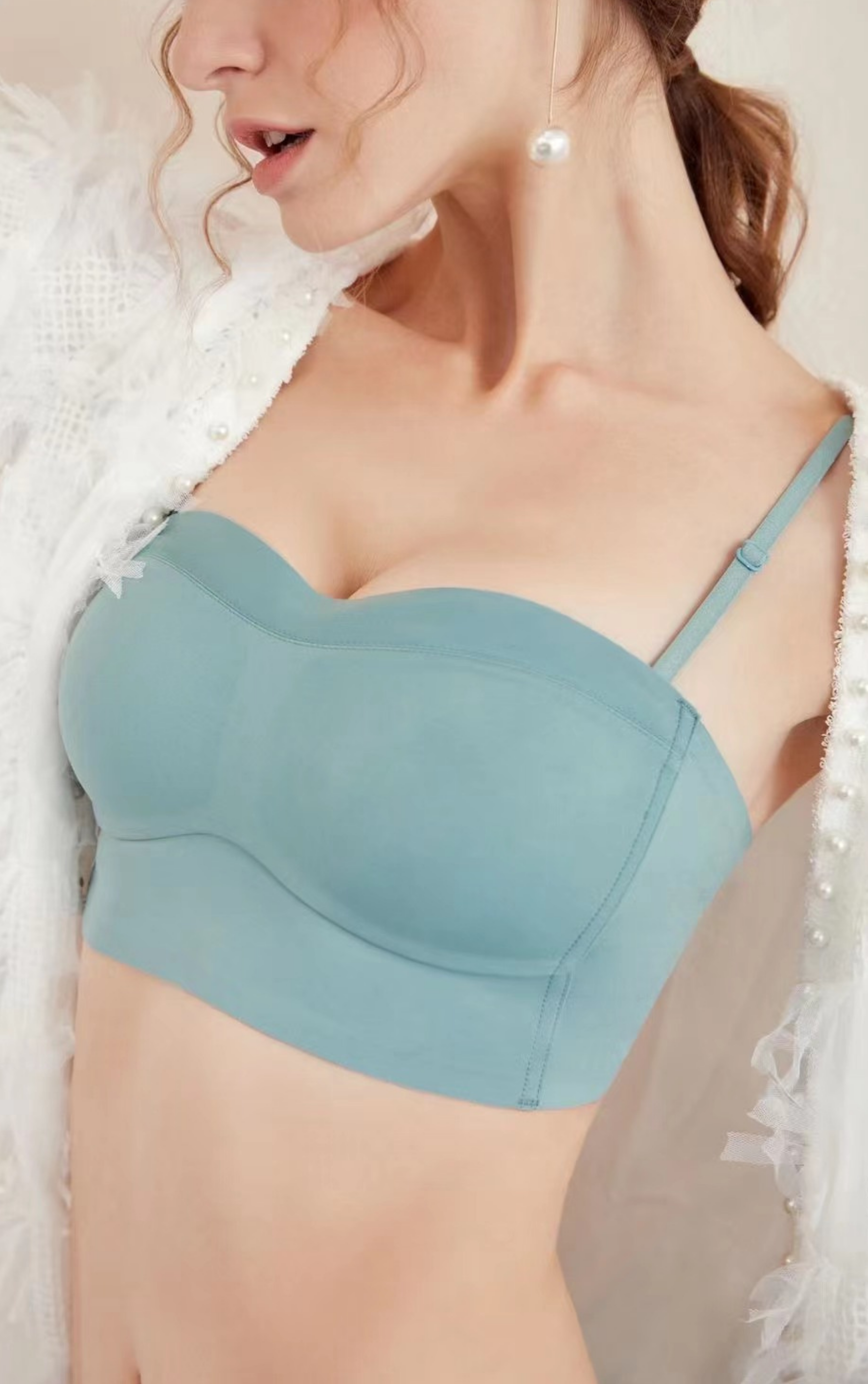 Side view of beige strapless multiway contour bra showing removable adjustable straps