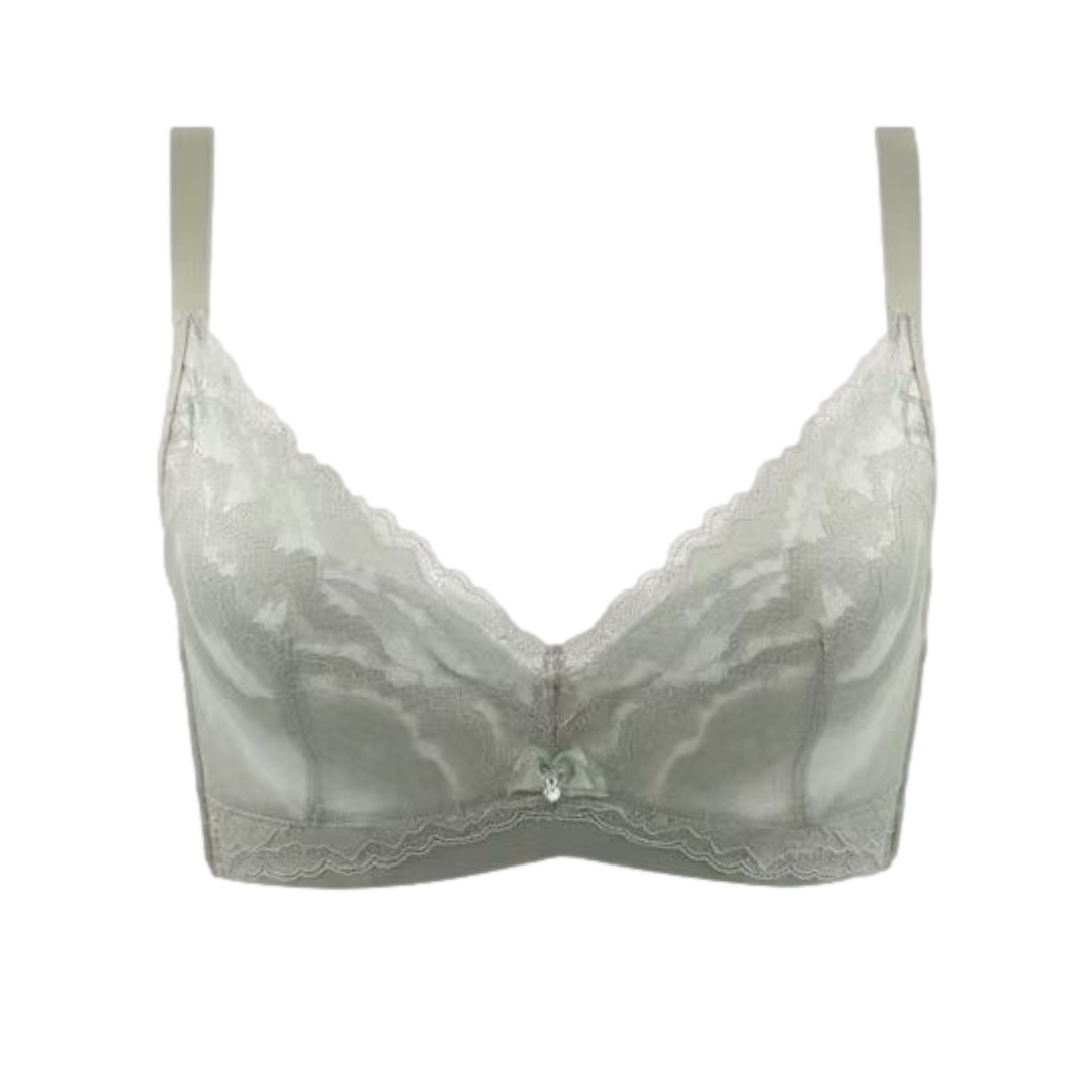 Flat lay of green full cup cotton lace contour bra with underwire push-up and lace trim