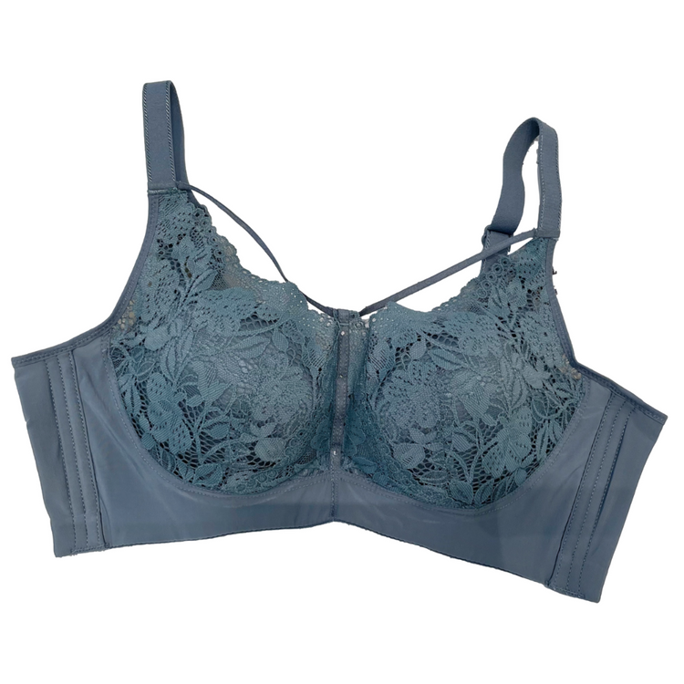 Flat lay image of a full-coverage floral lace push-up bra in grey, showcasing wide adjustable straps and a delicate floral lace pattern.