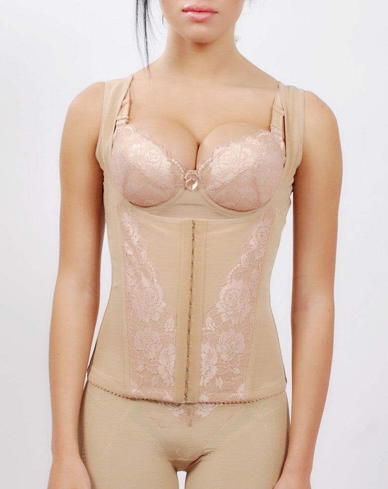 Back view of beige waist cincher shapewear with hook-and-eye closure