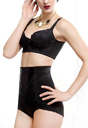 Front view of beige high-waist lace shaper pants shapewear for everyday wear