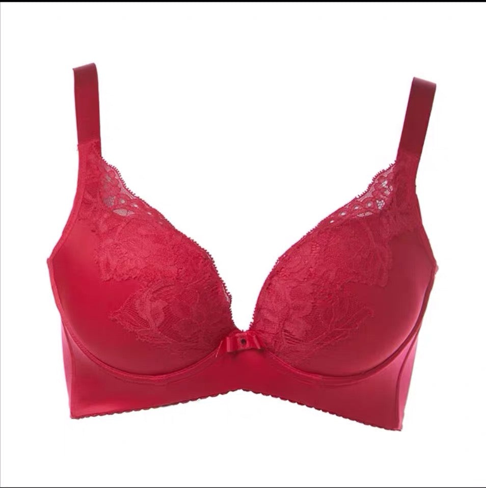 Front view of red lace full-cup contour bra with full coverage and seamless silhouette