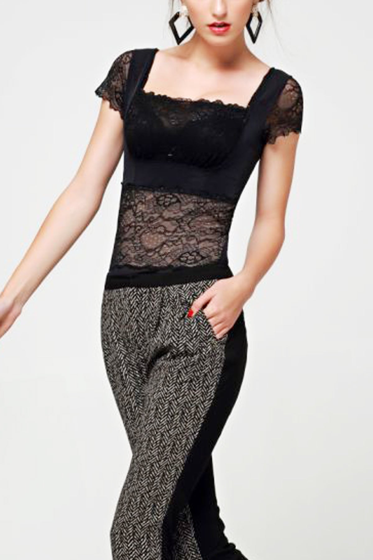 Front view of red microfiber lace bodysuit shapewear for special occasions