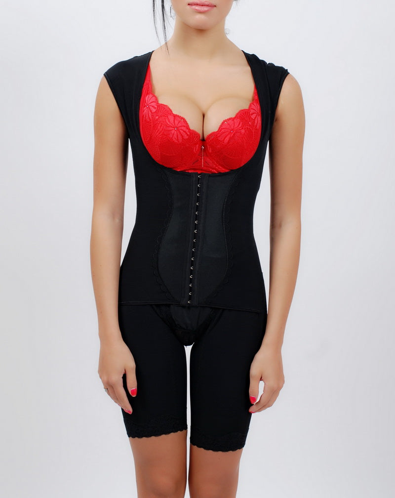 Front view of beige lace full body shaper shapewear with open-bust design