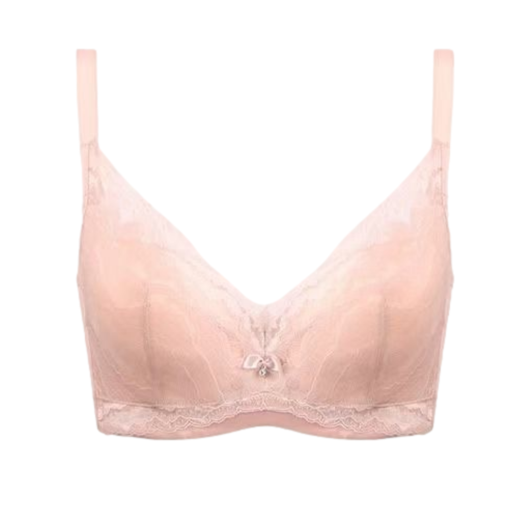 Flat lay of beige full cup cotton lace contour bra showing breathable cotton cups and wide straps