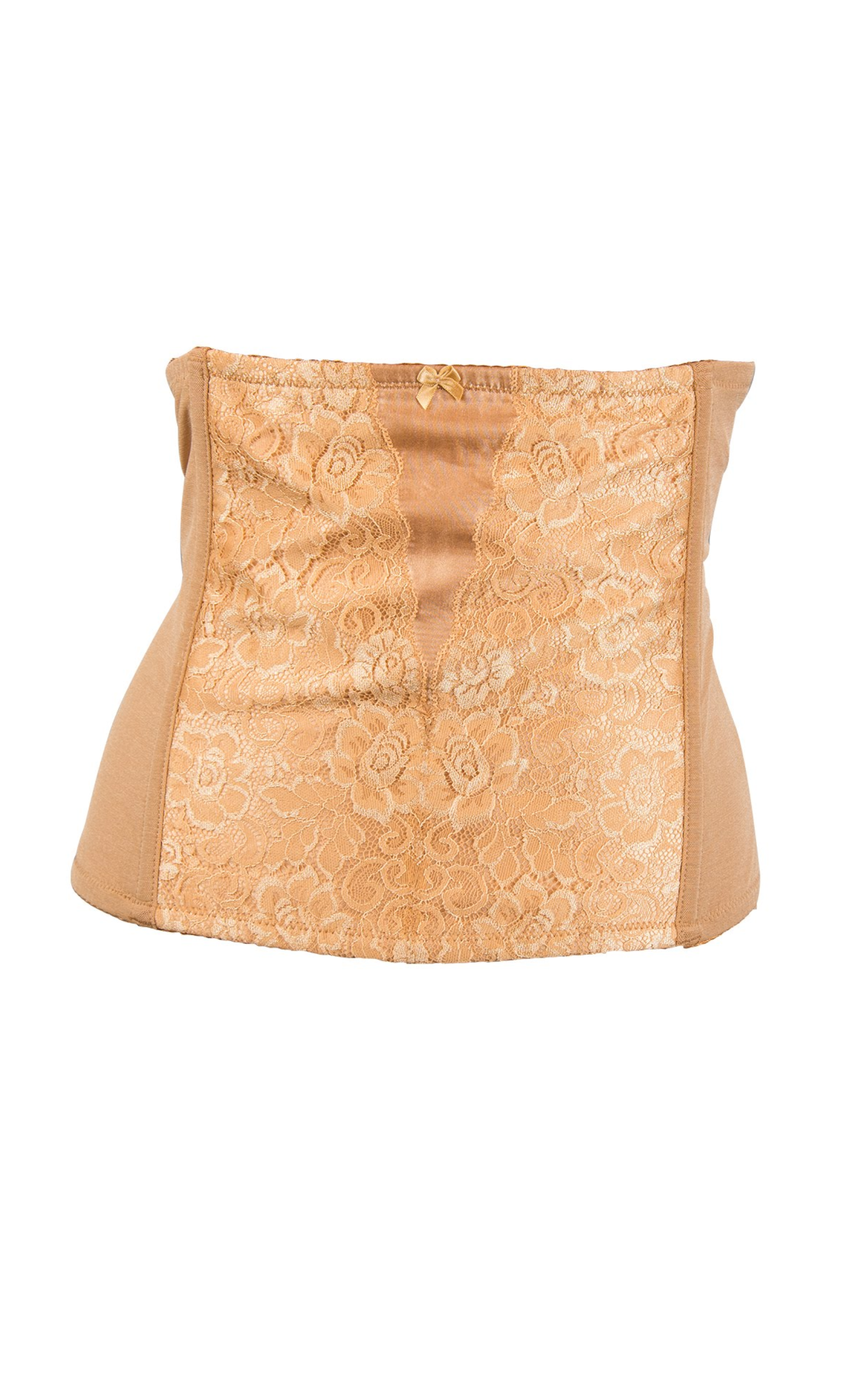Detail view of red waist cincher corset shapewear fabric and compression panel