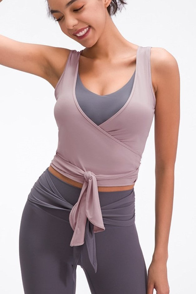 Ribbon Tie Front V Neck Active Tank Cover-Up