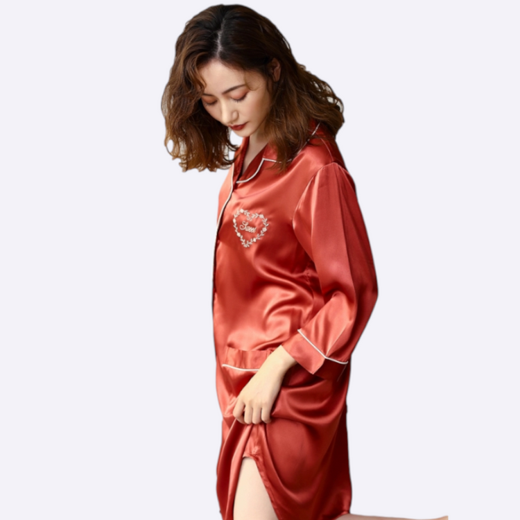 Korean Silk Night Dress For Women - 3/4 Sleeves V-Neck Silk Night Dress with Heart Embroidery #750206