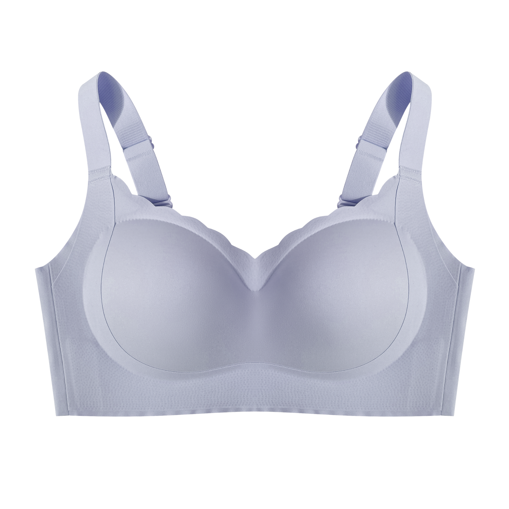 A light gray wireless bra on a plain background, showing the bra's structure and design.