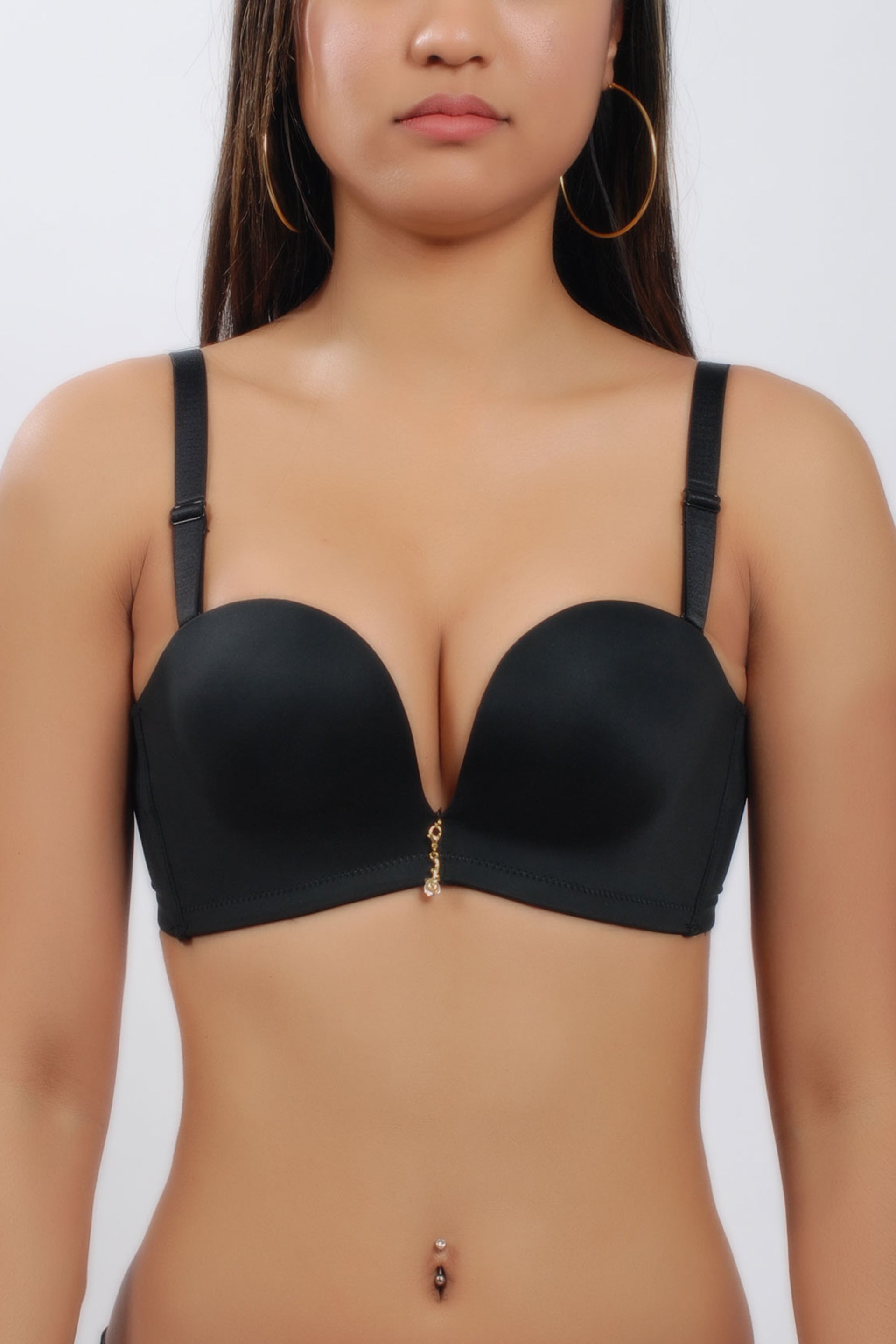 Front view of black silk convertible push-up contour bra for strapless wear