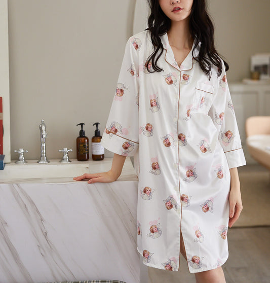 Cute 3/4 Sleeves Angel Print Silk Pajama Dress #7823010