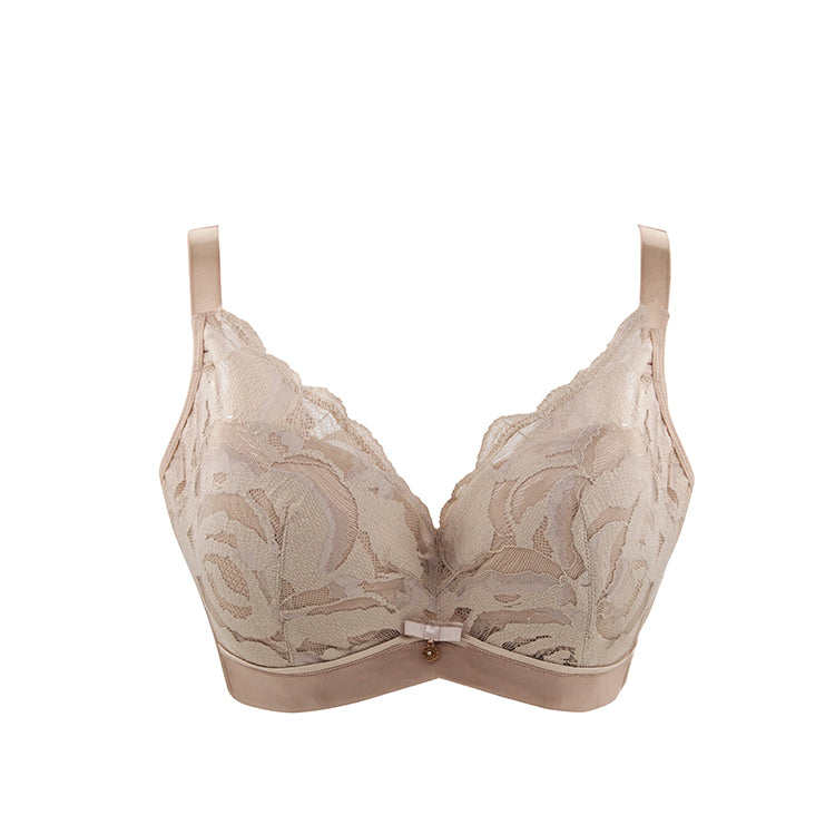 Back view of green floral lace minimizer contour bra highlighting wide smoothing sidebands